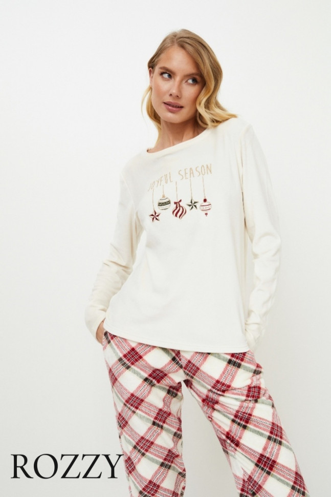 Пижама флисовая Aruelle Jolly Set Soft молочный/красный